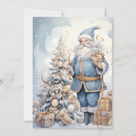 Weihnachtsmann im blauen Gold-Look Vintage Feiertagskarte (Vorderseite)