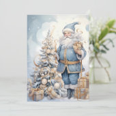 Weihnachtsmann im blauen Gold-Look Vintage Feiertagskarte (Stehend Vorderseite)