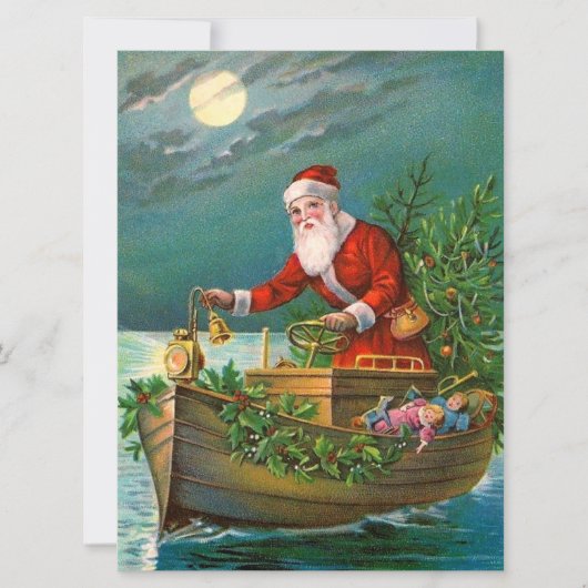 Weihnachtsmann im Boot Feiertagskarte (Vorderseite)