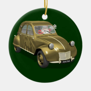 Weihnachtsmann im Citroen 2CV Keramik Ornament