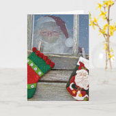 Weihnachtsmann im Kabinenfenster mit Schneeflocken Karte (Gelbe Blume)