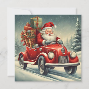Weihnachtsmann im roten Auto im Vintage-Stil Feiertagskarte