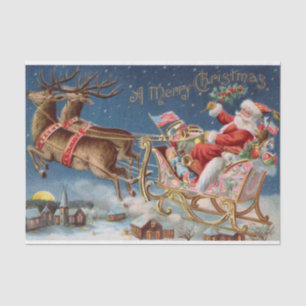 Weihnachtsmann im Schlitten beim Flug über ein Dor Seidenpapier