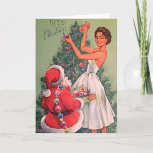 Weihnachtsmann im Vintage-Look hilft Frau beim Sch Feiertagskarte