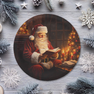 Weihnachtsmann im Vintage-Stil beim Lesen eines Bu Pappteller
