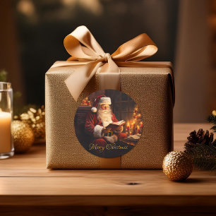 Weihnachtsmann im Vintage-Stil beim Lesen eines Bu Runder Aufkleber