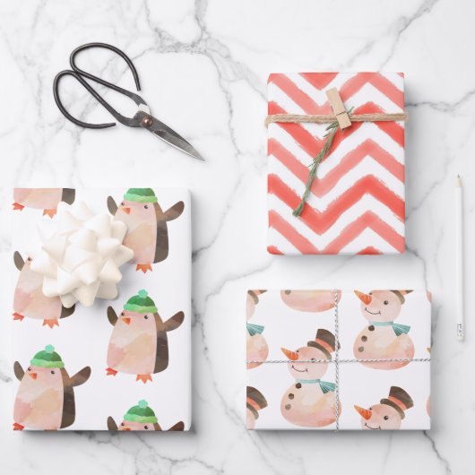Weihnachtsmann im Wasserfarben Pinguin Snowman Ges Geschenkpapier Set (Vorderseite)