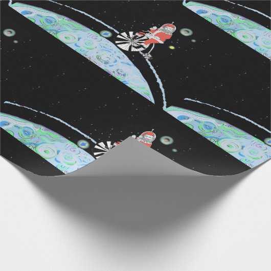 Weihnachtsmann im Weltraum auf einem alten Fahrrad Geschenkpapier (Ecke)