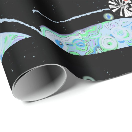 Weihnachtsmann im Weltraum auf einem alten Fahrrad Geschenkpapier (Rolleneckpunkt)