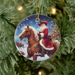 Weihnachtsmann im Western-Stil auf einem Pferd Keramik Ornament