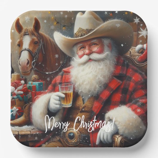 Weihnachtsmann in Cowboy hat Weihnachten Pappteller (Vorderseite)