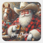 Weihnachtsmann in Cowboy hat Weihnachten Quadratischer Aufkleber (Vorderseite)