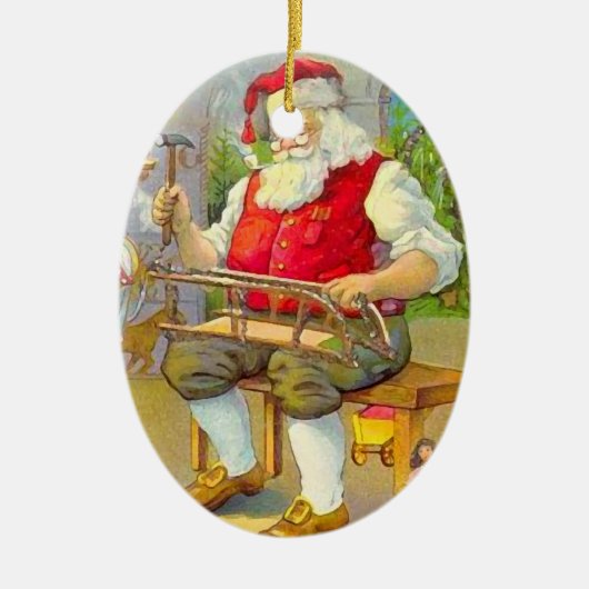 Weihnachtsmann in der Werkstatt im Vintage-Stil Keramikornament (Vorne)