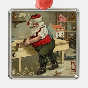 Weihnachtsmann in der Werkstatt im Vintage-Stil Silbernes Ornament