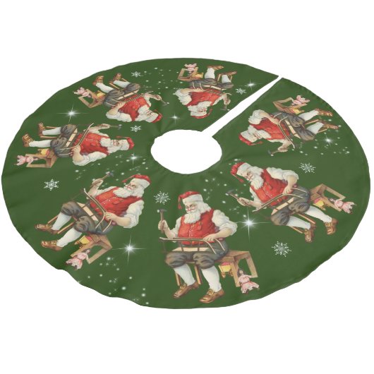 Weihnachtsmann in der Werkstatt Schlitten Schneefl Polyester Weihnachtsbaumdecke (Schrägansicht)