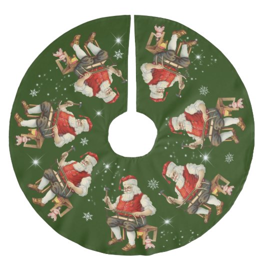 Weihnachtsmann in der Werkstatt Schlitten Schneefl Polyester Weihnachtsbaumdecke (Vorderseite)