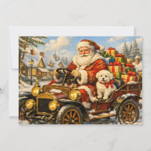 Weihnachtsmann in einem Oldtimer beim Geschenkeaus Feiertagskarte