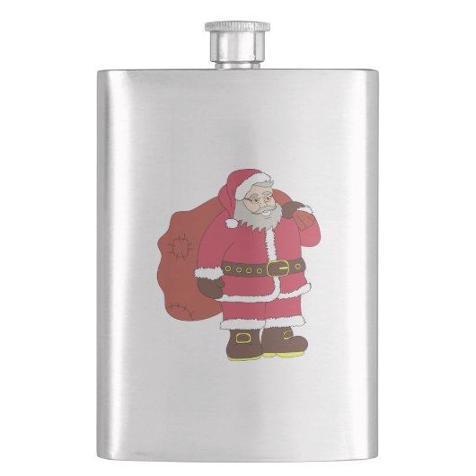 Weihnachtsmann in rot mit Geschenktasche und Brill Flachmann (Vorderseite)