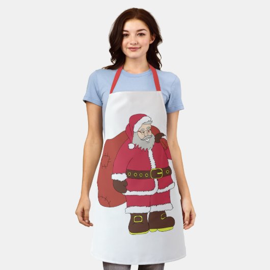 Weihnachtsmann in rot mit Geschenktasche und Brill Schürze (Getragen)