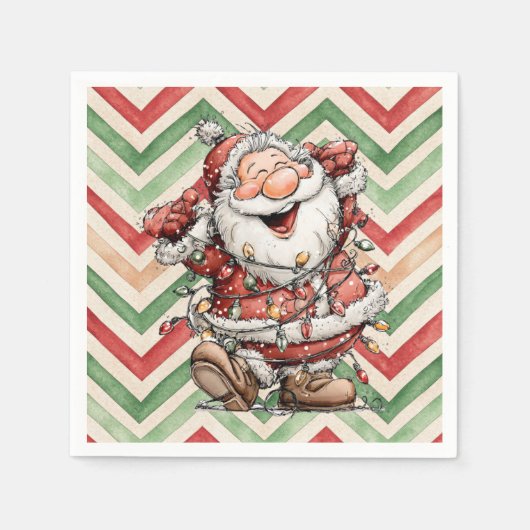 Weihnachtsmann in Weihnachtslichter verheddert Serviette (Vorderseite)