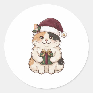 Weihnachtsmann-Katze mit Weihnachtsgeschenk-Aufkle Runder Aufkleber