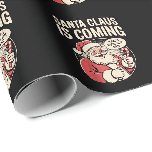 Weihnachtsmann kommt sie sagte lustige Weihnachtsf Geschenkpapier (Rolleneckpunkt)