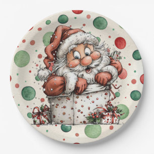 Weihnachtsmann kriecht aus Geschenkbox Pappteller