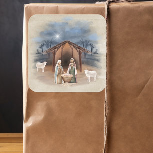 Weihnachtsmann Krippe Wasserfarbe Quadratischer Aufkleber