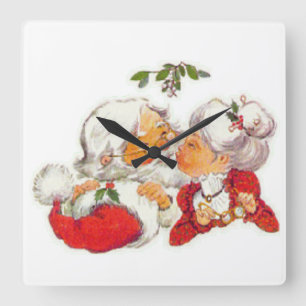 Weihnachtsmann küßt Mrs Claus im Vintage-Look Quadratische Wanduhr