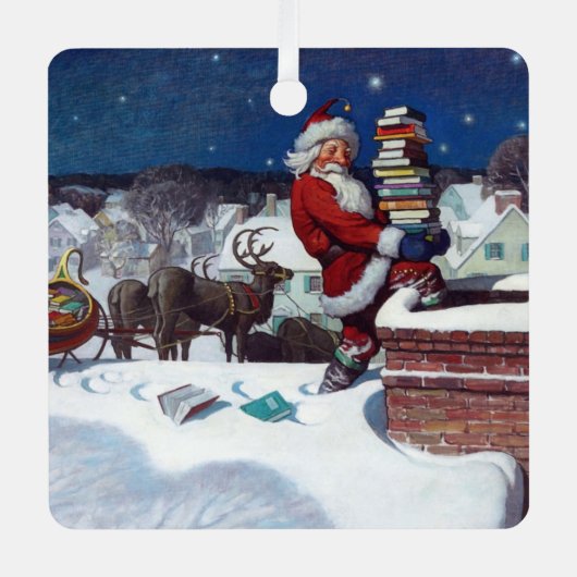 Weihnachtsmann liefert Bücher an Heiligabend Ornament Aus Metall (Vorderseite)