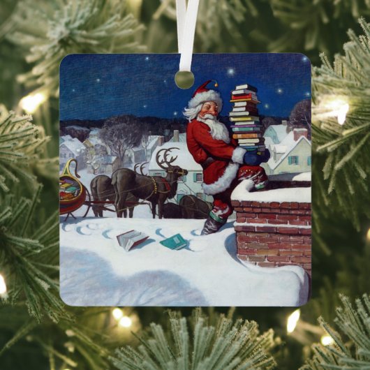 Weihnachtsmann liefert Bücher an Heiligabend Ornament Aus Metall (InSitu)