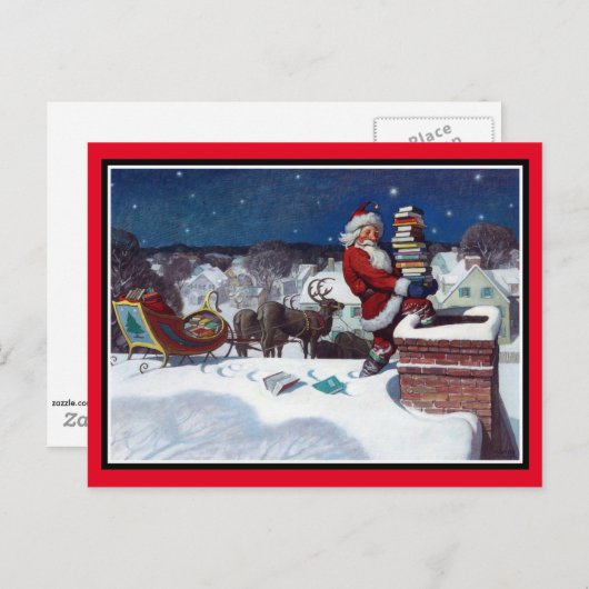 Weihnachtsmann liefert Bücher Postkarte (Vorne/Hinten)