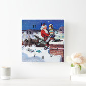 Weihnachtsmann liefert eine Armadung von Büchern Quadratische Wanduhr (Zuhause)