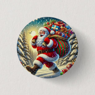 Weihnachtsmann liefert Geschenke an einem schneebe Button