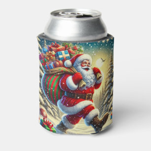 Weihnachtsmann liefert Geschenke an einem schneebe Dosenkühler