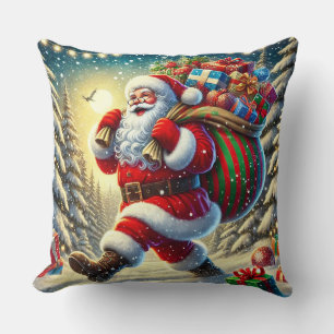 Weihnachtsmann liefert Geschenke an einem schneebe Kissen