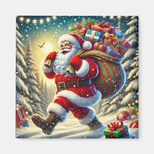Weihnachtsmann liefert Geschenke an einem schneebe Magnet
