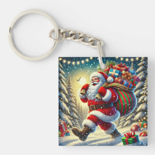 Weihnachtsmann liefert Geschenke an einem schneebe Schlüsselanhänger