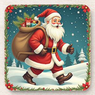 Weihnachtsmann liefert Geschenke durch den schneeb Getränkeuntersetzer