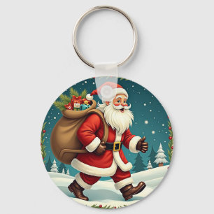 Weihnachtsmann liefert Geschenke durch den schneeb Schlüsselanhänger