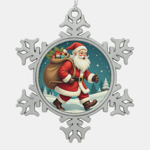 Weihnachtsmann liefert Geschenke durch einen schne Schneeflocken Zinn-Ornament