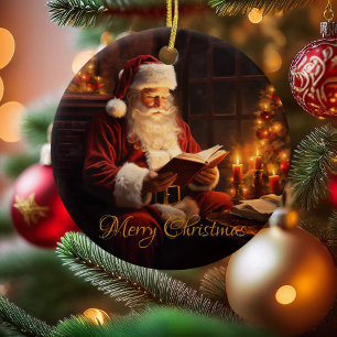 Weihnachtsmann liest ein Buch im Vintage-Stil Keramik Ornament