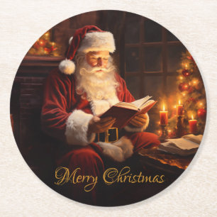 Weihnachtsmann liest ein Buch im Vintage-Stil Runder Pappuntersetzer