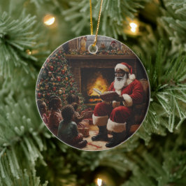 Weihnachtsmann liest Kindern vor Keramik Ornament