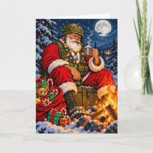 Weihnachtsmann-Militärsoldat Lagerfeuer Weihnachte Feiertagskarte