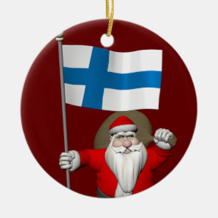 Weihnachtsmann mit Abzeichen von Finland Suomi Keramik Ornament