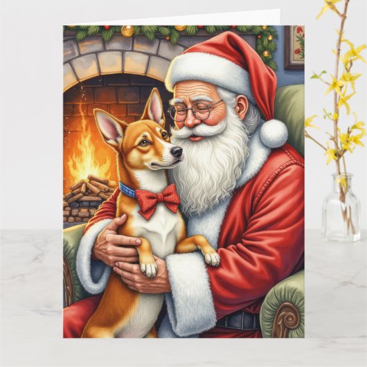 Weihnachtsmann mit Basenji-Weihnachtskunst Karte (Gelbe Blume)