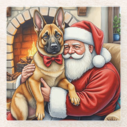 Weihnachtsmann mit belgischem Malinois-Christkunst Glasuntersetzer (Vorderseite)