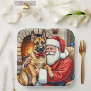 Weihnachtsmann mit belgischem Malinois-Christkunst Pappteller