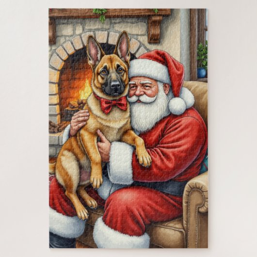 Weihnachtsmann mit belgischem Malinois-Christkunst Puzzle (Vertikal)